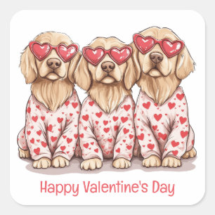 Happy Valentines Day Golden Retriever Dogs Square Sticker