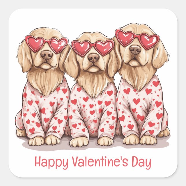 Happy Valentines Day Golden Retriever Dogs Square Sticker (Front)
