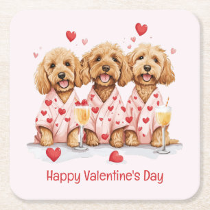 Happy Valentines Day Goldendoodle Dogs Square Paper Coaster