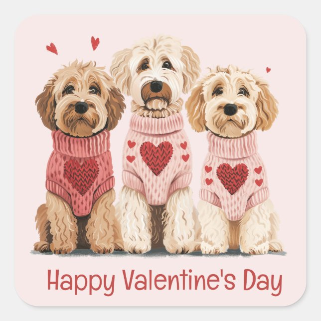 Happy Valentines Day Goldendoodle Dogs Square Sticker (Front)