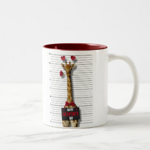 Happy Valentine's Day Guilty Giraffe Funny Mugshot Two-Tone Coffee Mug