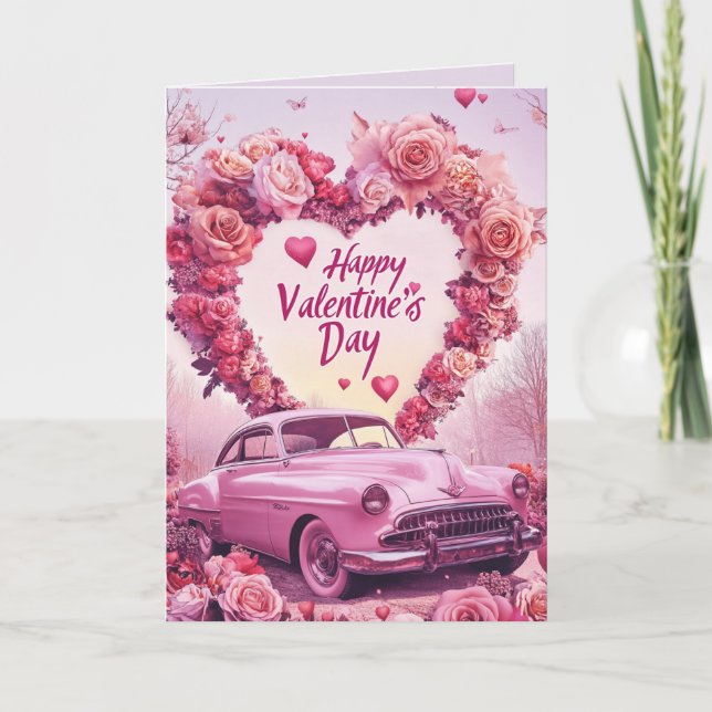 Happy Valentines day Heart and Roses Pink card (Front)
