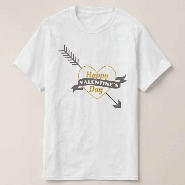 Happy Valentines Day Heart & Arrow Gold & Grey T-Shirt (Design Front)