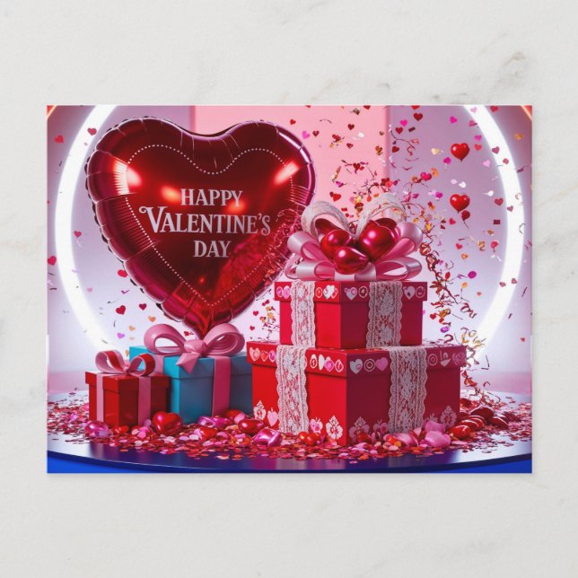 Happy Valentine's Day Heart Balloon, Gift Boxes  Holiday Postcard (Front)