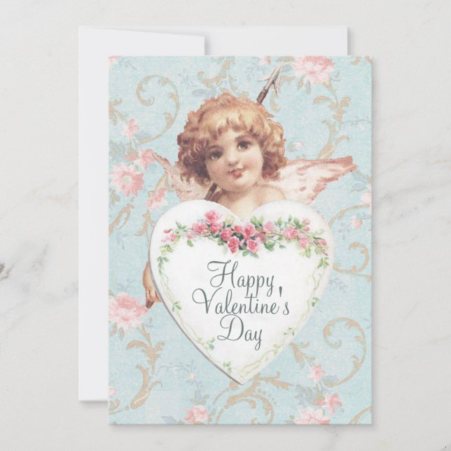 Happy Valentine's Day Heart Cupid Rose Teal Sweet Holiday Card (Front)