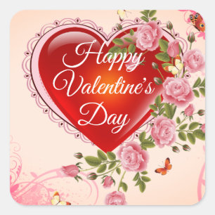 Happy Valentine's Day Heart & Flowers Square Sticker