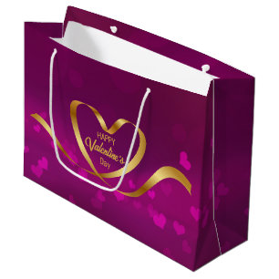 Happy Valentine's Day Heart Gold Ribbon Purple Large Gift Bag