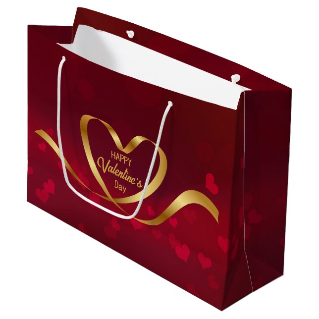 Happy Valentine's Day Heart Gold Ribbon Red Large Gift Bag (Front Angled)