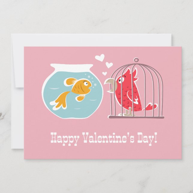 Happy Valentine's Day Heart Red Parrot Golden Fish Holiday Card (Front)