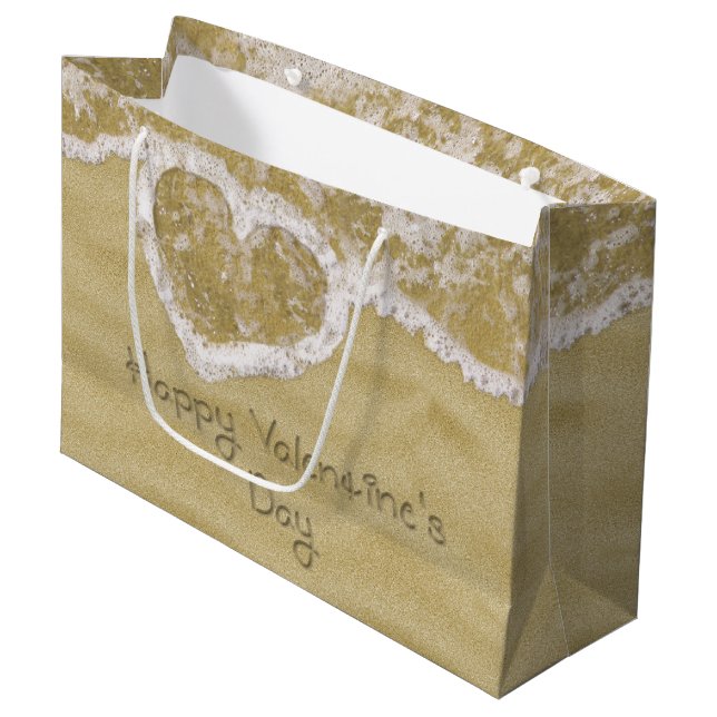 "Happy Valentine's Day" Heart written in Sand Large Gift Bag (Front Angled)