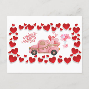Happy Valentine's Day Hearts and Pink Vintage Car Holiday Postcard
