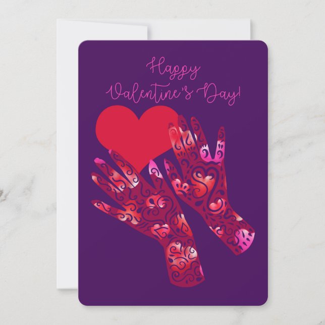 Happy Valentine's Day | Henna Tattoo Style Hands Holiday Card (Front)