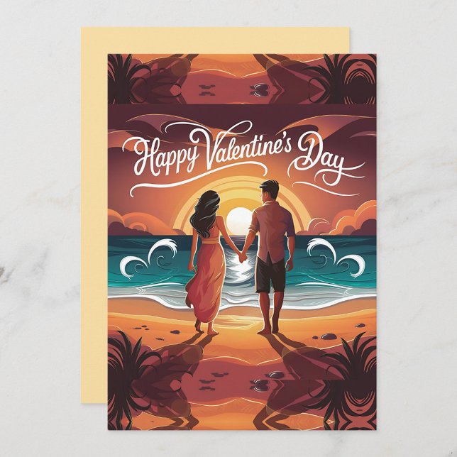 Happy Valentines Day  Holiday Card (A romantic scene unfolds as a couple stands hand in hand on a sunlit beach.)