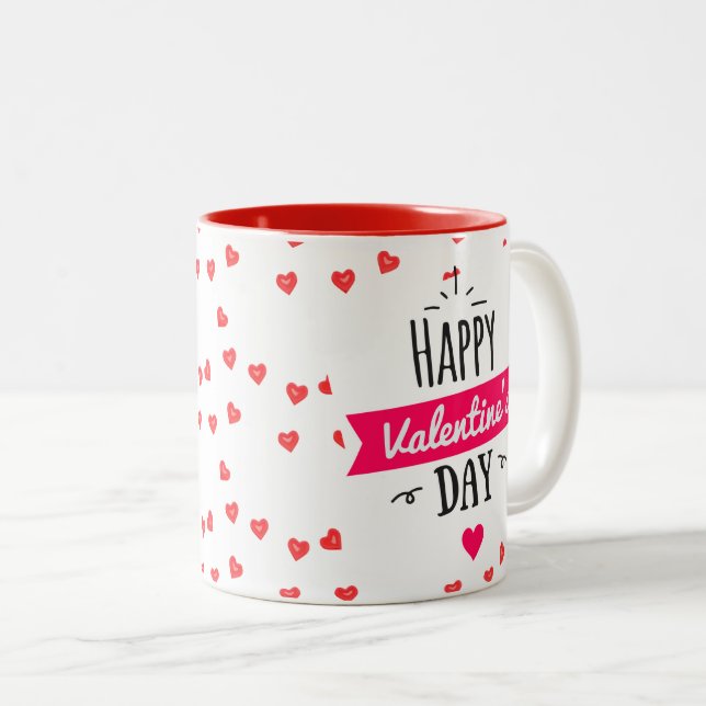 Happy Valentine's Day Holiday Hearts Coffee Two-Tone Coffee Mug (Front Right)