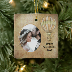 Happy Valentine's Day Hot Air Balloon Steampunk Ceramic Ornament