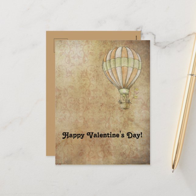 Happy Valentine's Day Hot Air Balloon Steampunk Holiday Postcard (Front/Back In Situ)