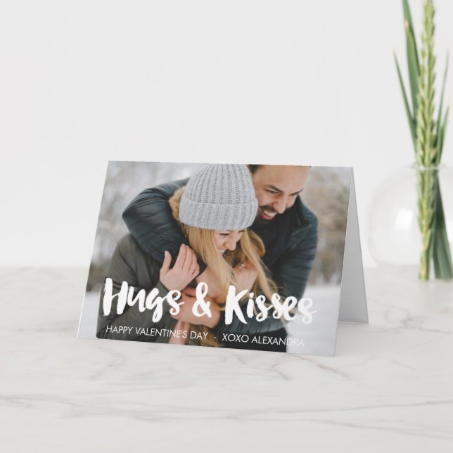 Happy Valentine's Day Hugs & Kisses Brush Script Holiday Card (Front)