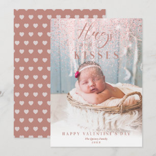 Happy Valentine's Day Hugs & Kisses Pink Sparkle Holiday Card