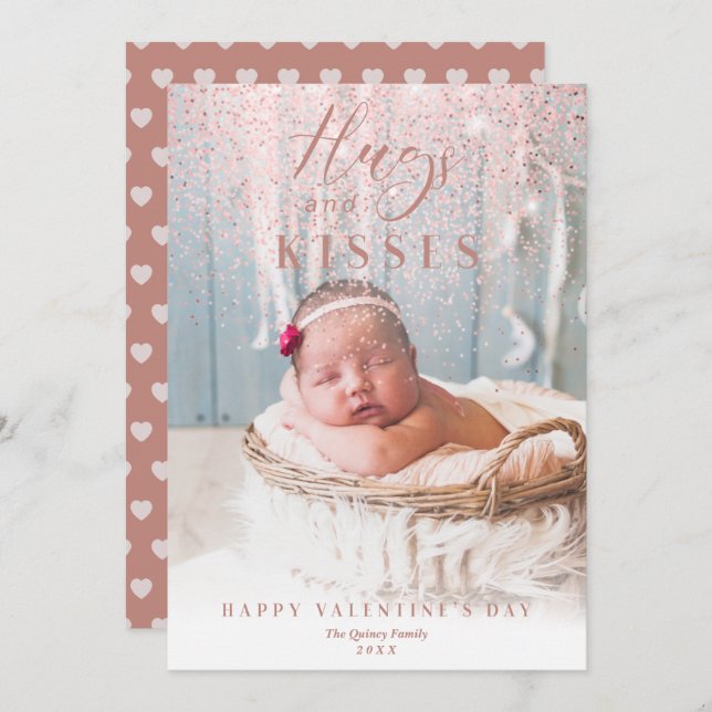 Happy Valentine's Day | Hugs & Kisses Pink Sparkle Holiday Card (Front/Back)