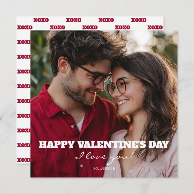 Happy Valentine's Day I Love You XOXO Modern Photo Holiday Card (Front/Back)