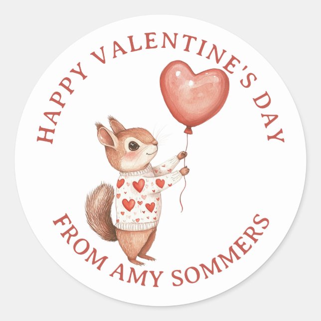 Happy Valentine's Day Kid's Watercolor Animal Classic Round Sticker (Front)