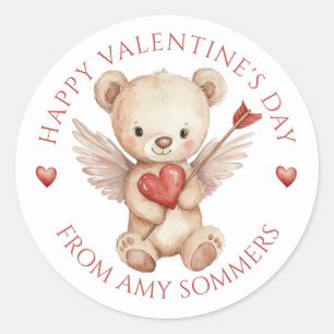 Happy Valentine's Day Kid's Watercolor Bear Classic Round Sticker