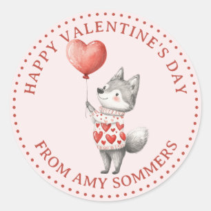 Happy Valentine's Day Kid's Watercolor Fox  Classic Round Sticker