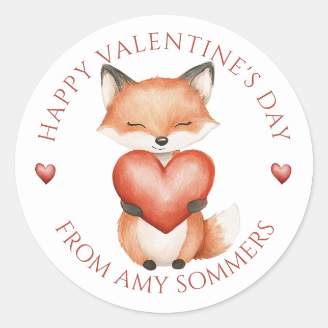 Happy Valentine's Day Kid's Watercolor Fox Classic Round Sticker (Front)