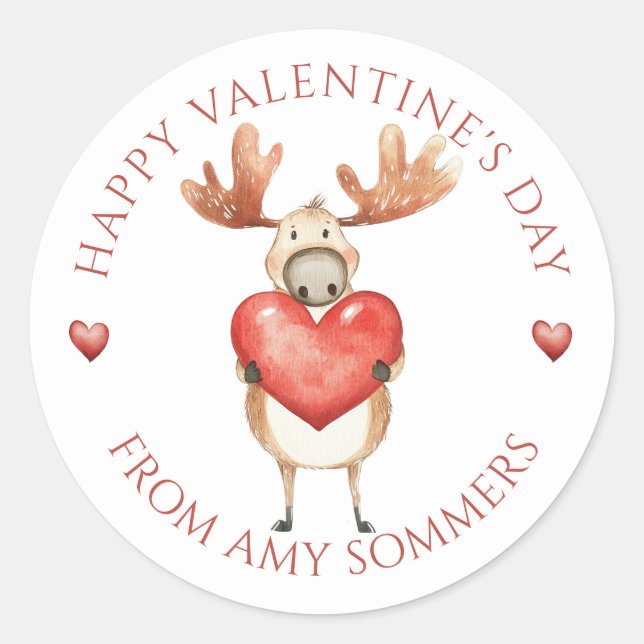 Happy Valentine's Day Kid's Watercolor Moose Classic Round Sticker (Front)