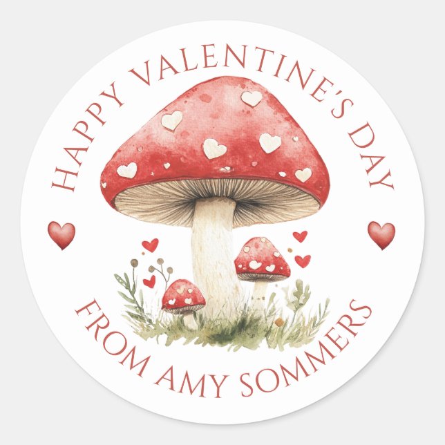 Happy Valentine's Day Kid's Watercolor Mushrooms Classic Round Sticker (Front)