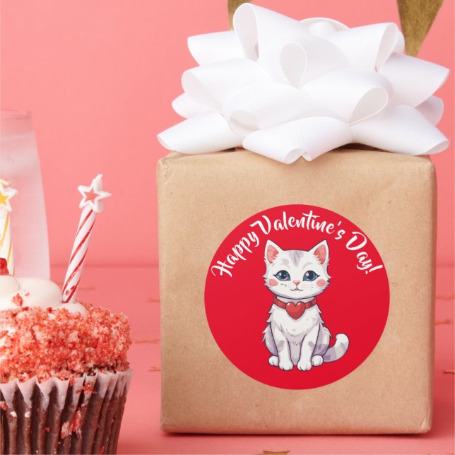 Happy Valentine's Day Kitten Classic Round Sticker (Party)