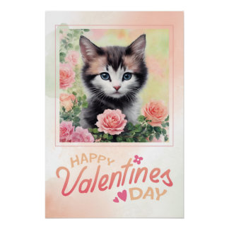 Happy Valentine's Day Kitten Peach Roses Poster