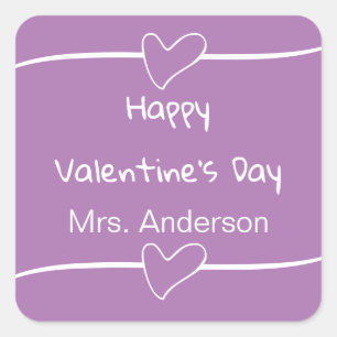 Happy Valentine's Day Lavender White Teacher Name Square Sticker