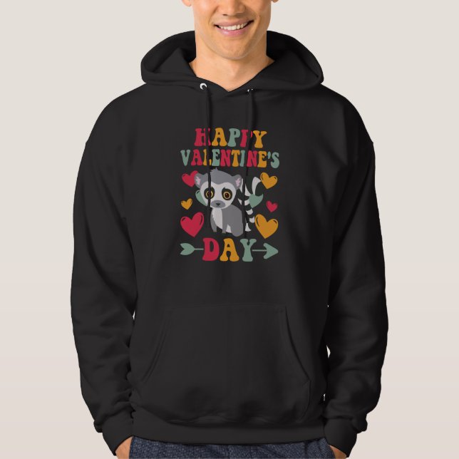 Happy Valentines Day Lemur Heart Love Groovy Hoodie (Front)
