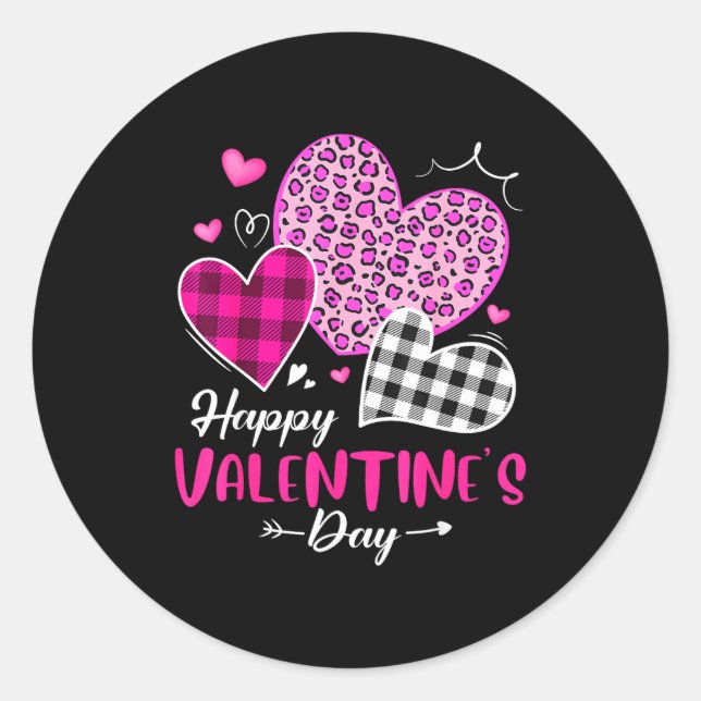 Happy Valentine's Day Leopard And Plaid Hearts Gir Classic Round Sticker (Front)