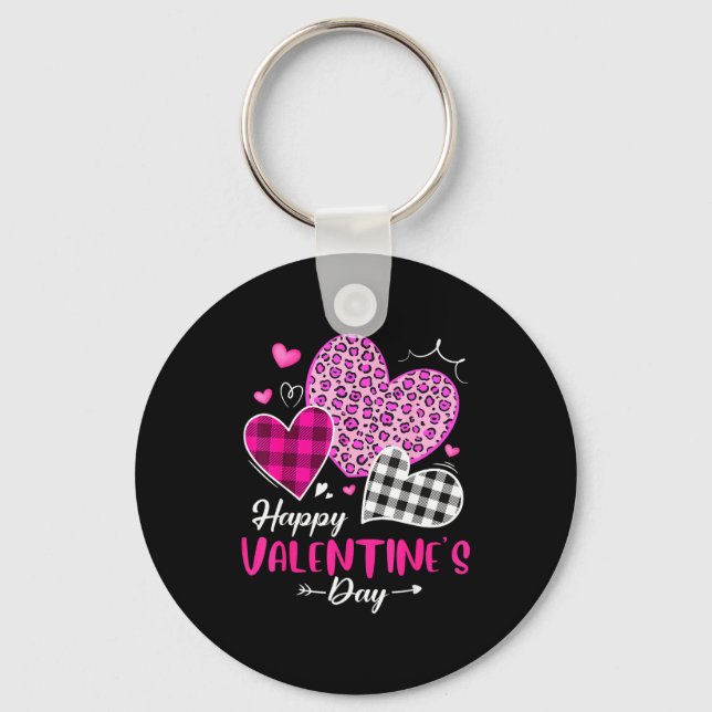 Happy Valentine's Day Leopard And Plaid Hearts Gir Key Ring (Front)