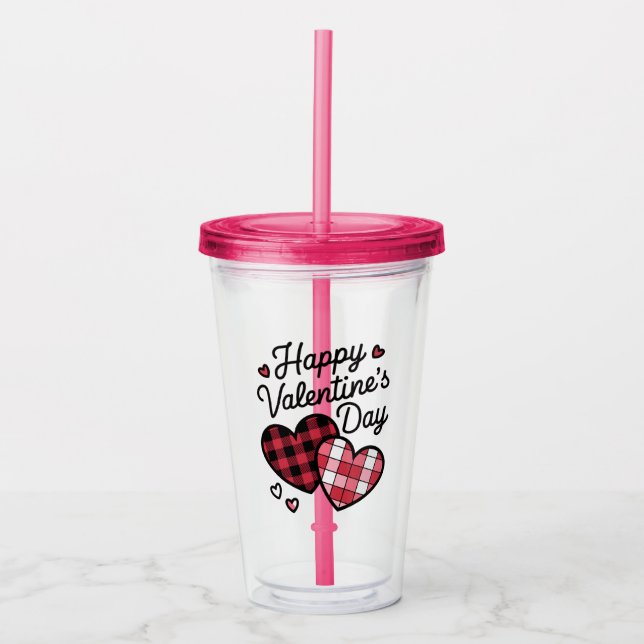 Happy Valentines Day Leopard Plaid Love Heart  Acrylic Tumbler (Front)