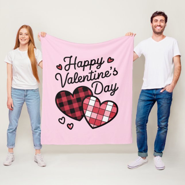 Happy Valentines Day Leopard Plaid Love Heart  Fleece Blanket (In Situ)