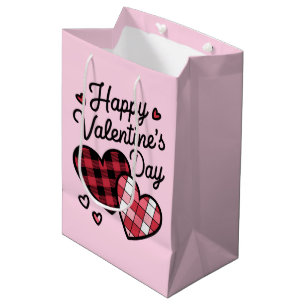Happy Valentines Day Leopard Plaid Love Heart  Medium Gift Bag