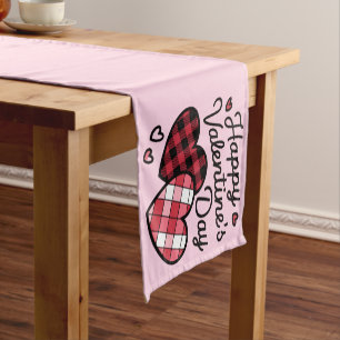 Happy Valentines Day Leopard Plaid Love Heart Short Table Runner