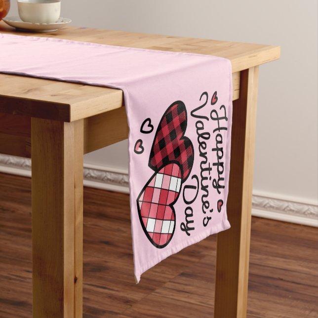 Happy Valentines Day Leopard Plaid Love Heart  Short Table Runner (In Situ)