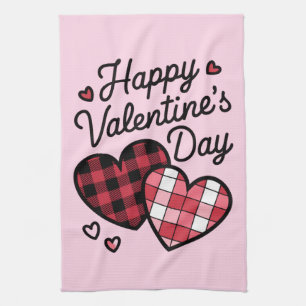Happy Valentines Day Leopard Plaid Love Heart  Tea Towel