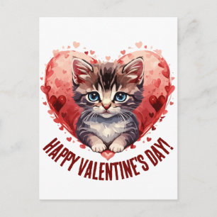Happy Valentine's Day Little Kitten with Heart Holiday Postcard