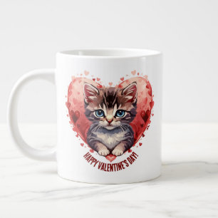 Happy Valentine's Day Little Kitten with Heart Large Coffee Mug