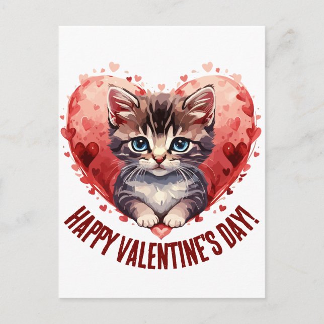 Happy Valentine's Day Little Kitten with Heart Postcard (Front)