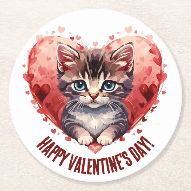 Happy Valentine's Day Little Kitten with Heart Round Paper Coaster (Front)