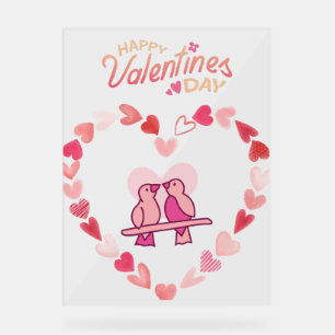 Happy Valentines Day Love Birds Pink Heart Wreath Acrylic Sign