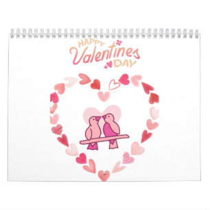 Happy Valentines Day Love Birds Pink Heart Wreath Calendar