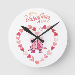Happy Valentines Day Love Birds Pink Heart Wreath Round Clock