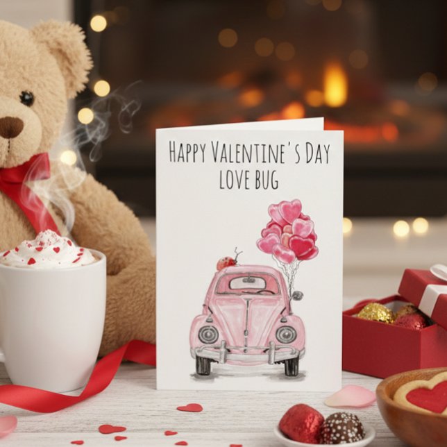 Happy Valentine's Day Love Bug Pink Car Balloons Card (Creator Uploaded)